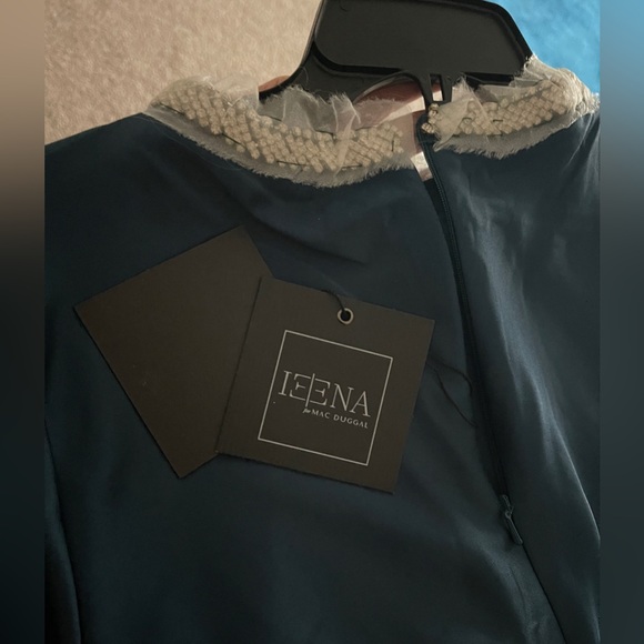 MWT IENNA Mac Duggal Blue Beaded High Neck Bishop Sleeve Satin Gown Size 14 - Picture 5 of 6